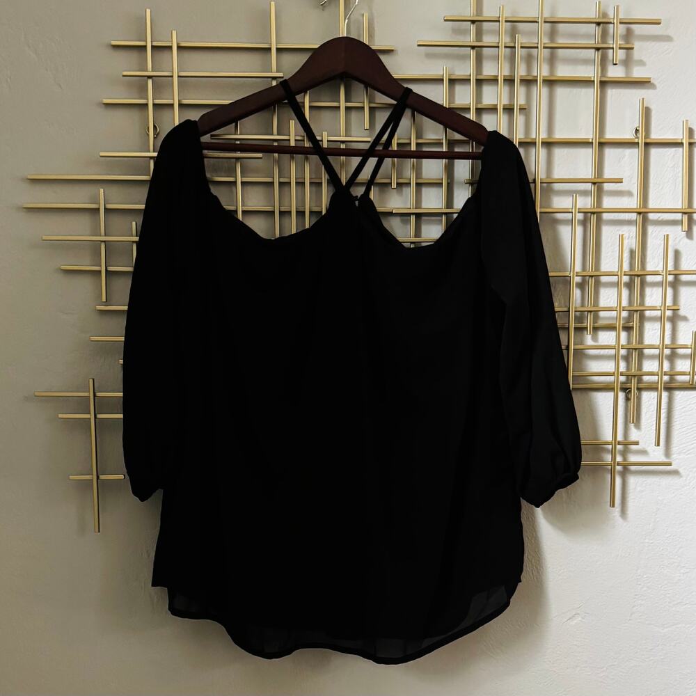 Vemvan Black Chiffon Open Back Balloon Sleeve Blouse Size L